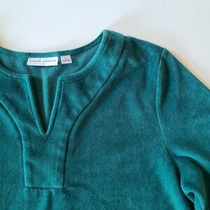 Susan Graver Velour Tunic Top L Green V-neck Velvet Casual Pullover Stretch